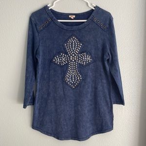 Reba Blue Cotton 3/4 Sleeve Shirt Cross